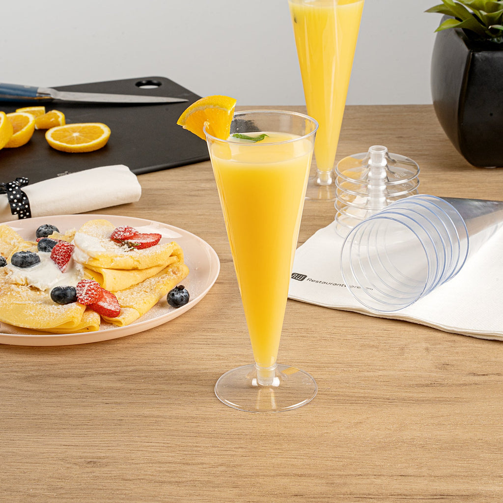 Bev Tek 7 oz Clear Plastic Long Champagne Flute - 2 3/4" x 2 3/4" x 6 3/4" - 20 count box