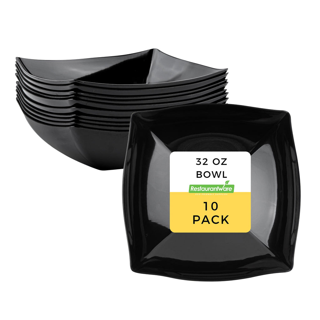 Moderna 32 oz Square Black Plastic Bowl - 7 3/4" x 7 3/4" x 2 1/4" - 10 count box