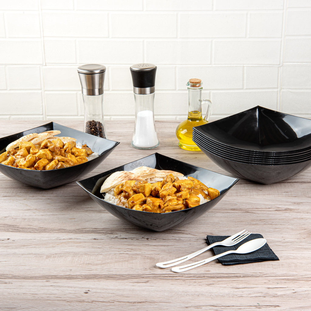 Moderna 64 oz Square Black Plastic Serving Bowl - 9 3/4" x 9 3/4" x 3" - 100 count box