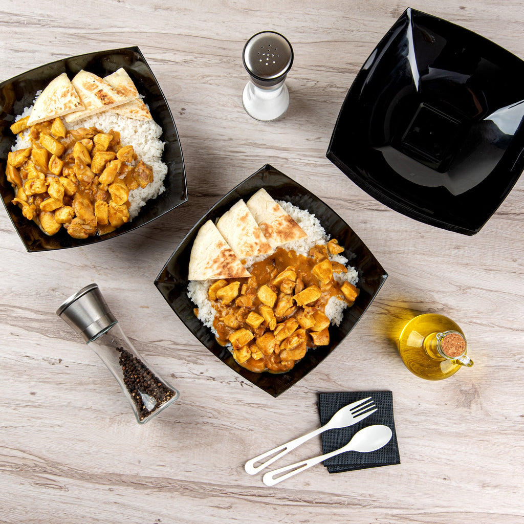Moderna 64 oz Square Black Plastic Serving Bowl - 9 3/4" x 9 3/4" x 3" - 100 count box