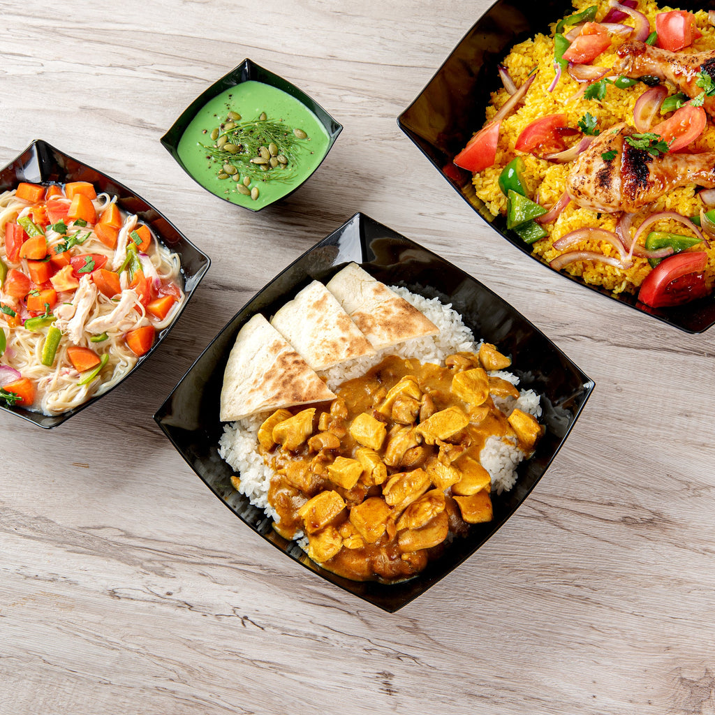 Moderna 64 oz Square Black Plastic Serving Bowl - 9 3/4" x 9 3/4" x 3" - 100 count box