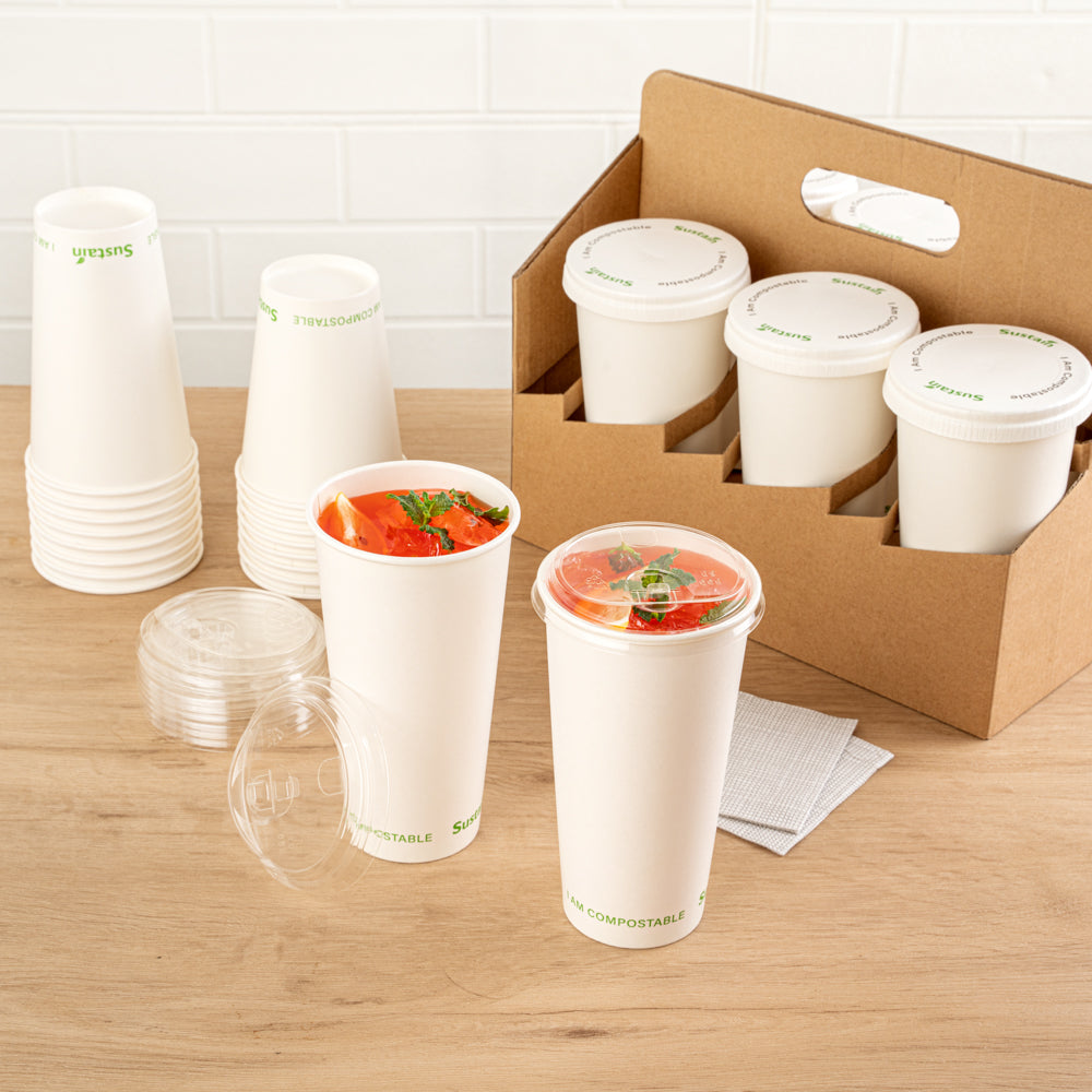 Sustain Clear PLA Plastic Straw or Sip Cold Cup Lid - Fits 9, 12, 16, 20 and 22 oz, Compostable - 50 count box