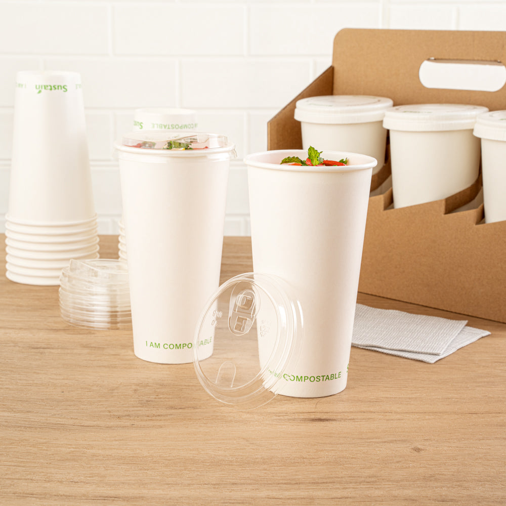 Sustain Clear PLA Plastic Straw or Sip Cold Cup Lid - Fits 9, 12, 16, 20 and 22 oz, Compostable - 1000 count box