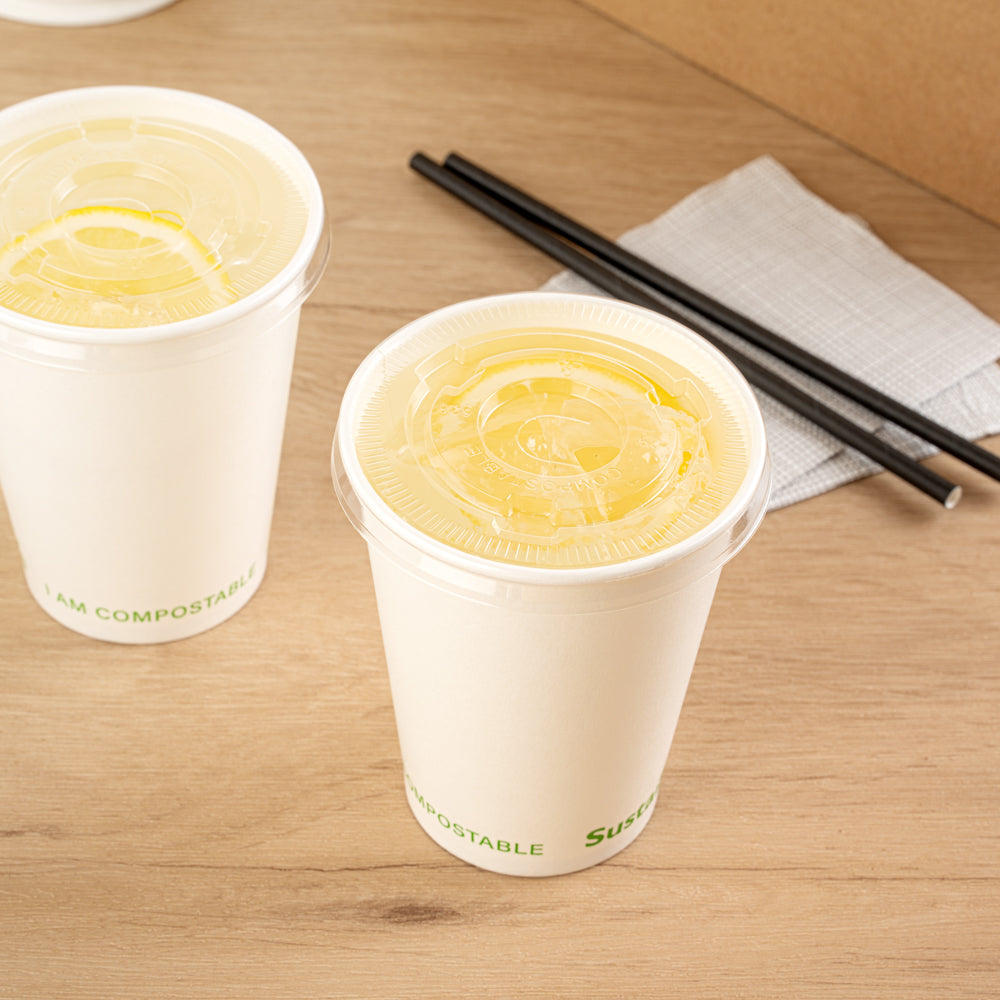 Sustain Clear PLA Plastic Cold Cup Flat Lid - Fits 9, 12, 16, 20 and 22 oz, Compostable - 1000 count box