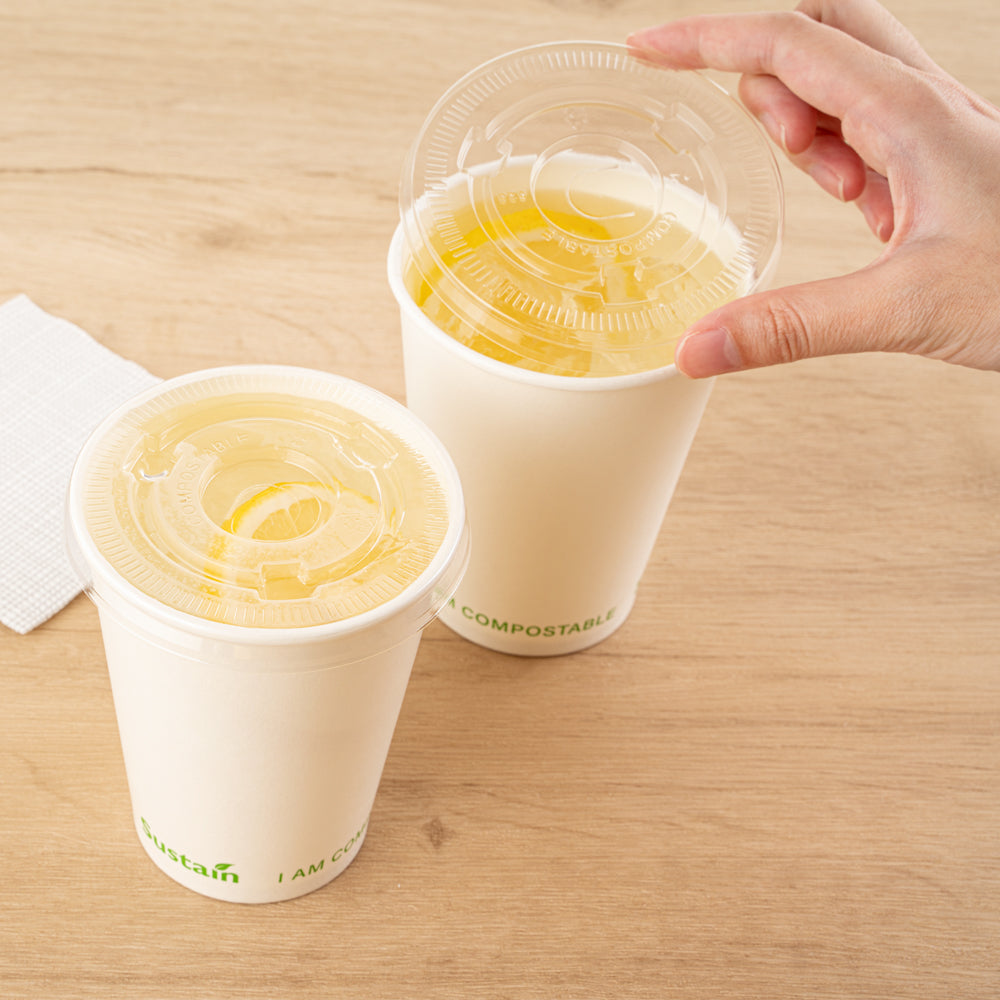 Sustain Clear PLA Plastic Cold Cup Flat Lid - Fits 9, 12, 16, 20 and 22 oz, Compostable - 50 count box
