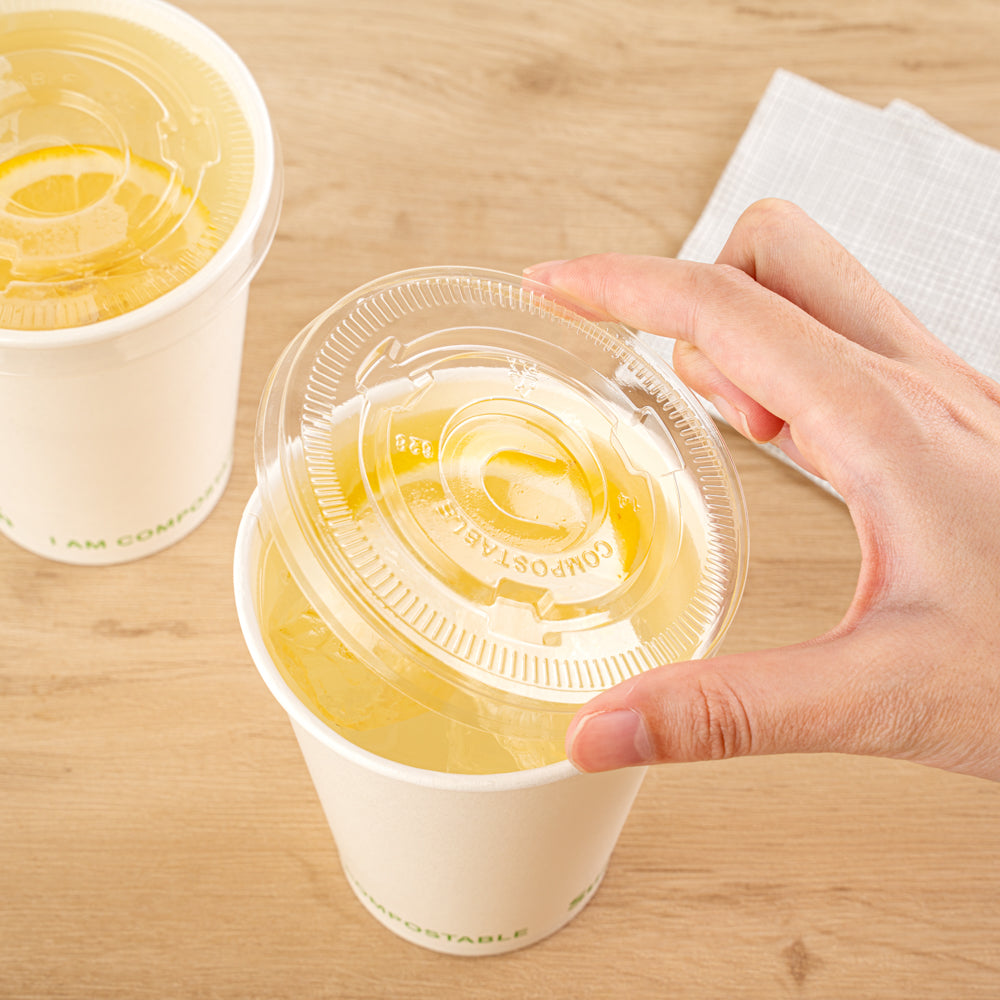 Sustain Clear PLA Plastic Cold Cup Flat Lid - Fits 9, 12, 16, 20 and 22 oz, Compostable - 1000 count box