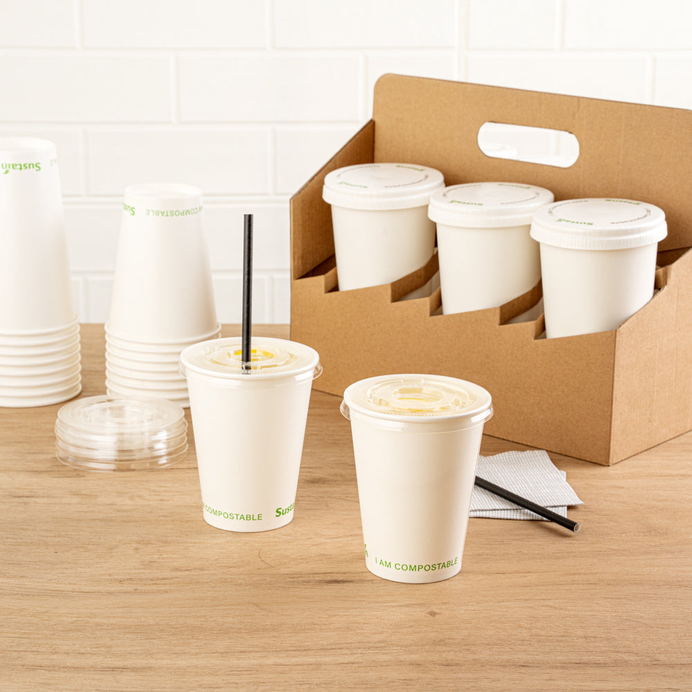 Sustain Clear PLA Plastic Cold Cup Flat Lid - Fits 9, 12, 16, 20 and 22 oz, Compostable - 1000 count box