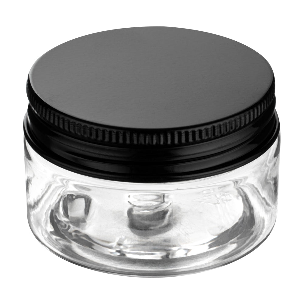 Chef 101 1 oz Round Clear Plastic Candy and Snack Jar - with Black Aluminum Lid - 2" x 2" x 1 1/4" - 10 count box