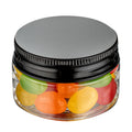 Chef 101 1 oz Round Clear Plastic Candy and Snack Jar - with Black Aluminum Lid - 2" x 2" x 1 1/4" - 10 count box