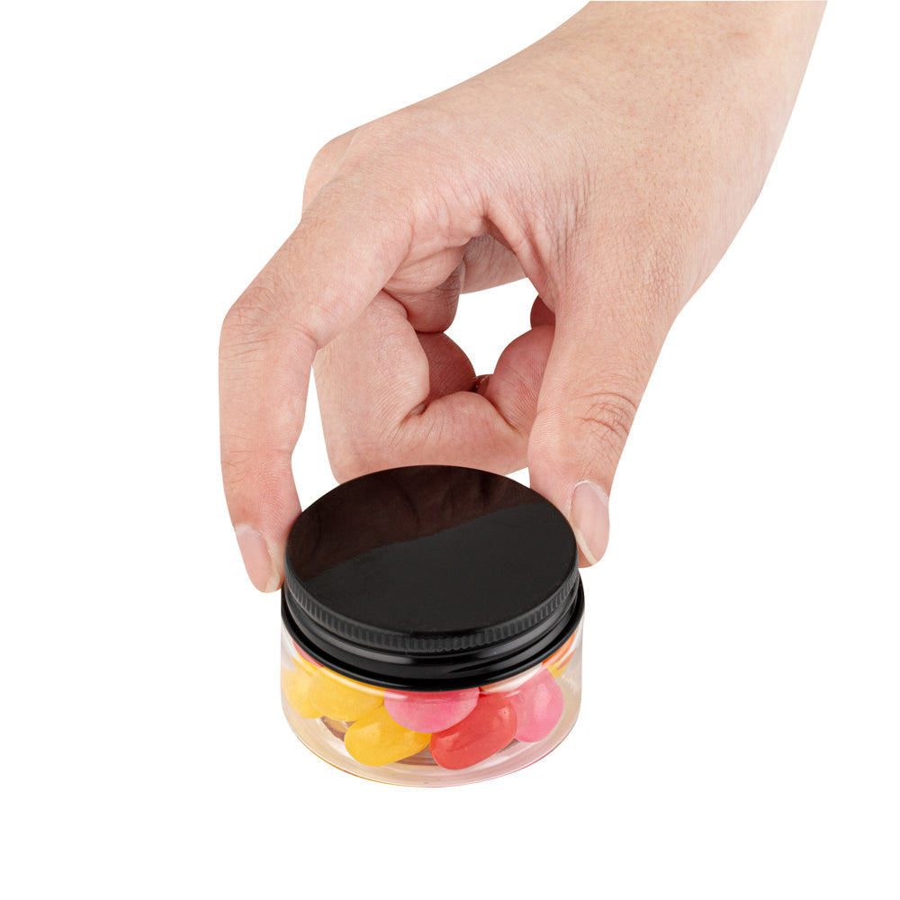 Chef 101 1 oz Round Clear Plastic Candy and Snack Jar - with Black Aluminum Lid - 2" x 2" x 1 1/4" - 10 count box