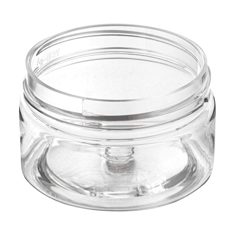 Chef 101 1 oz Round Clear Plastic Candy and Snack Jar - with Black Aluminum Lid - 2" x 2" x 1 1/4" - 10 count box