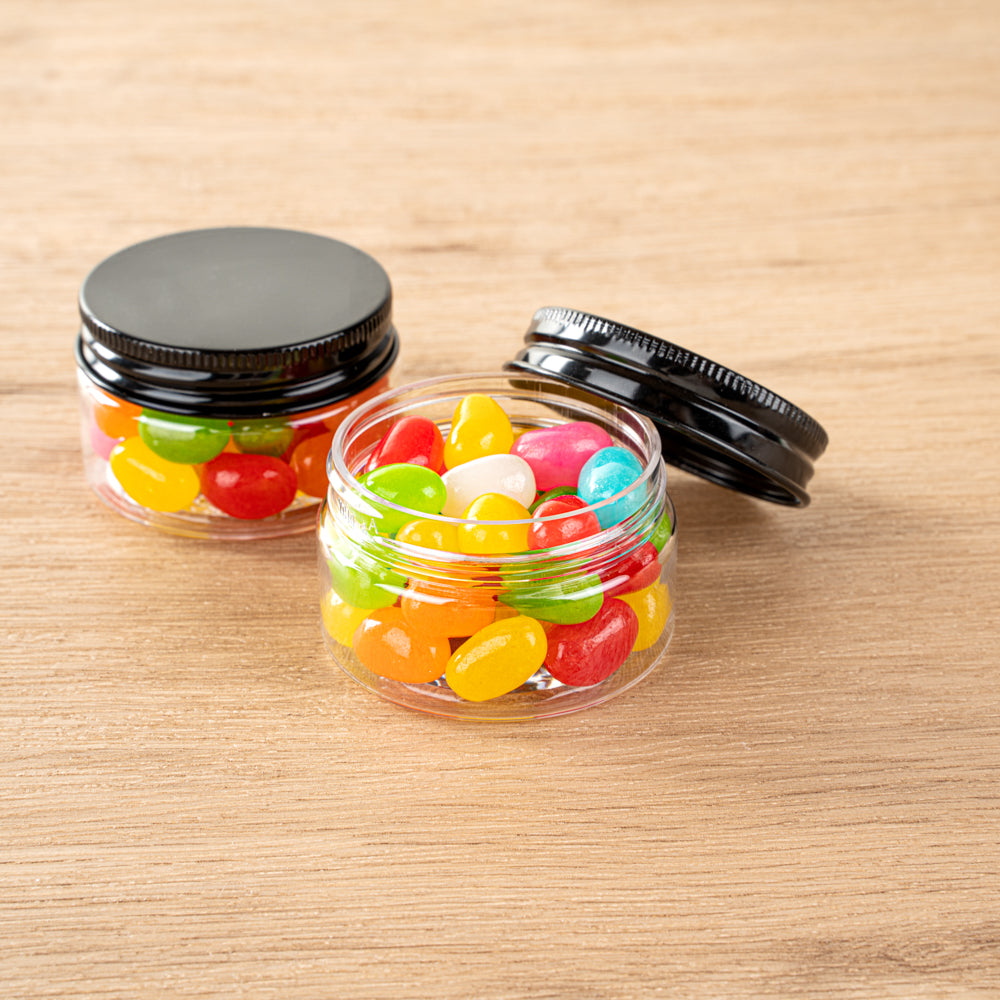 Chef 101 1 oz Round Clear Plastic Candy and Snack Jar - with Black Aluminum Lid - 2" x 2" x 1 1/4" - 10 count box