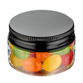 Chef 101 1 oz Round Clear Plastic Candy and Snack Jar - with Black Aluminum Lid - 2" x 2" x 1 1/4" - 100 count box