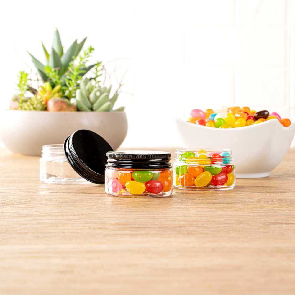 Chef 101 1 oz Round Clear Plastic Candy and Snack Jar - with Black Aluminum Lid - 2" x 2" x 1 1/4" - 100 count box