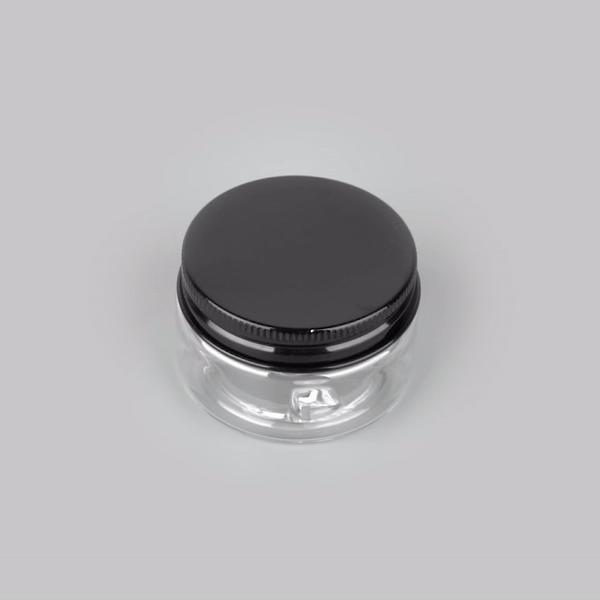 Chef 101 1 oz Round Clear Plastic Candy and Snack Jar - with Black Aluminum Lid - 2" x 2" x 1 1/4" - 100 count box