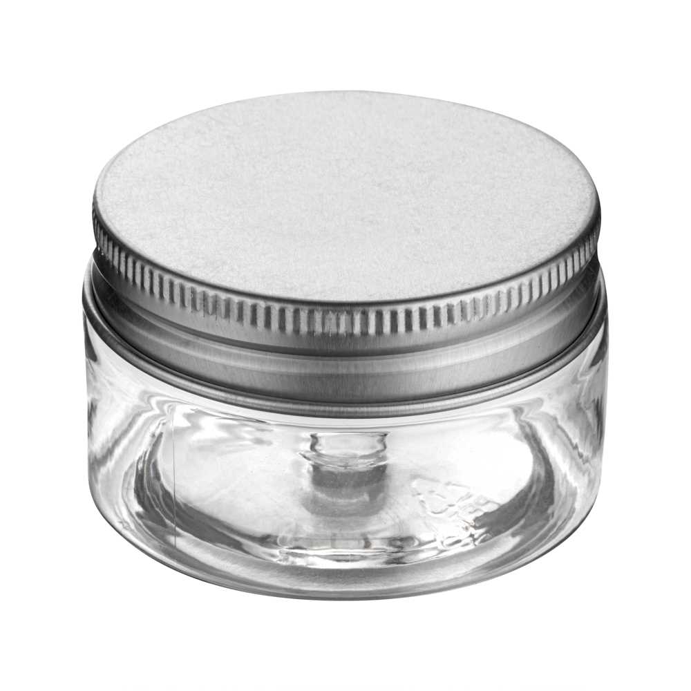 Chef 101 1 oz Round Clear Plastic Candy and Snack Jar - with Silver Aluminum Lid - 2" x 2" x 1 1/4" - 100 count box