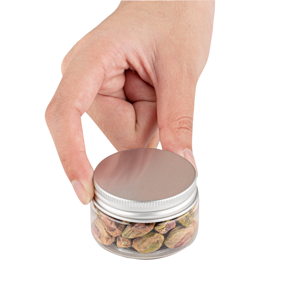 Chef 101 1 oz Round Clear Plastic Candy and Snack Jar - with Silver Aluminum Lid - 2" x 2" x 1 1/4" - 10 count box