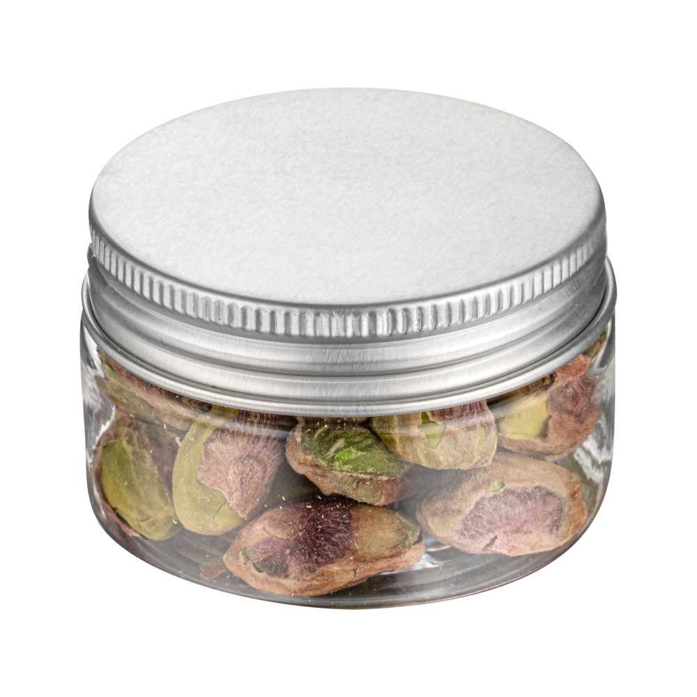 Chef 101 1 oz Round Clear Plastic Candy and Snack Jar - with Silver Aluminum Lid - 2" x 2" x 1 1/4" - 100 count box