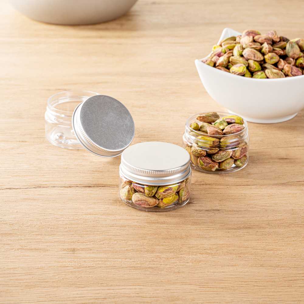 Chef 101 1 oz Round Clear Plastic Candy and Snack Jar - with Silver Aluminum Lid - 2" x 2" x 1 1/4" - 100 count box