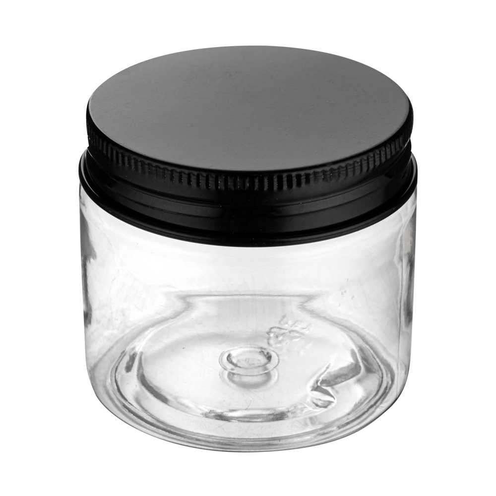 Chef 101 2 oz Round Clear Plastic Candy and Snack Jar - with Black Aluminum Lid - 2" x 2" x 1 3/4" - 100 count box