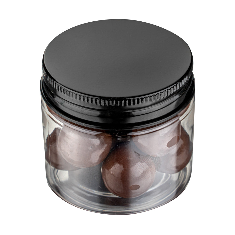 Chef 101 2 oz Round Clear Plastic Candy and Snack Jar - with Black Aluminum Lid - 2" x 2" x 1 3/4" - 10 count box