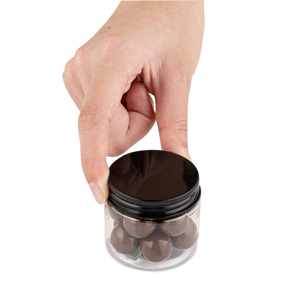 Chef 101 2 oz Round Clear Plastic Candy and Snack Jar - with Black Aluminum Lid - 2" x 2" x 1 3/4" - 10 count box
