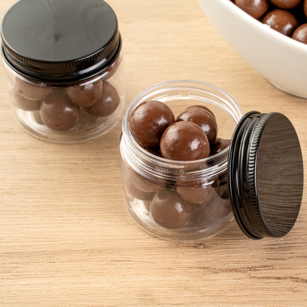 Chef 101 2 oz Round Clear Plastic Candy and Snack Jar - with Black Aluminum Lid - 2" x 2" x 1 3/4" - 10 count box