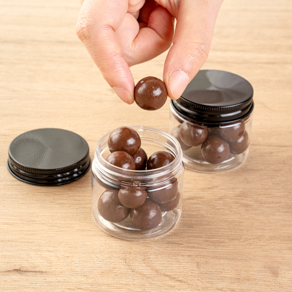 Chef 101 2 oz Round Clear Plastic Candy and Snack Jar - with Black Aluminum Lid - 2" x 2" x 1 3/4" - 10 count box
