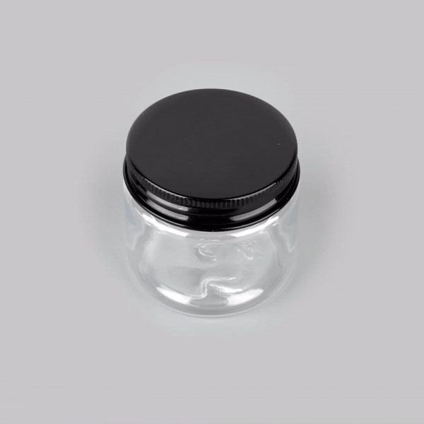 Chef 101 2 oz Round Clear Plastic Candy and Snack Jar - with Black Aluminum Lid - 2" x 2" x 1 3/4" - 100 count box