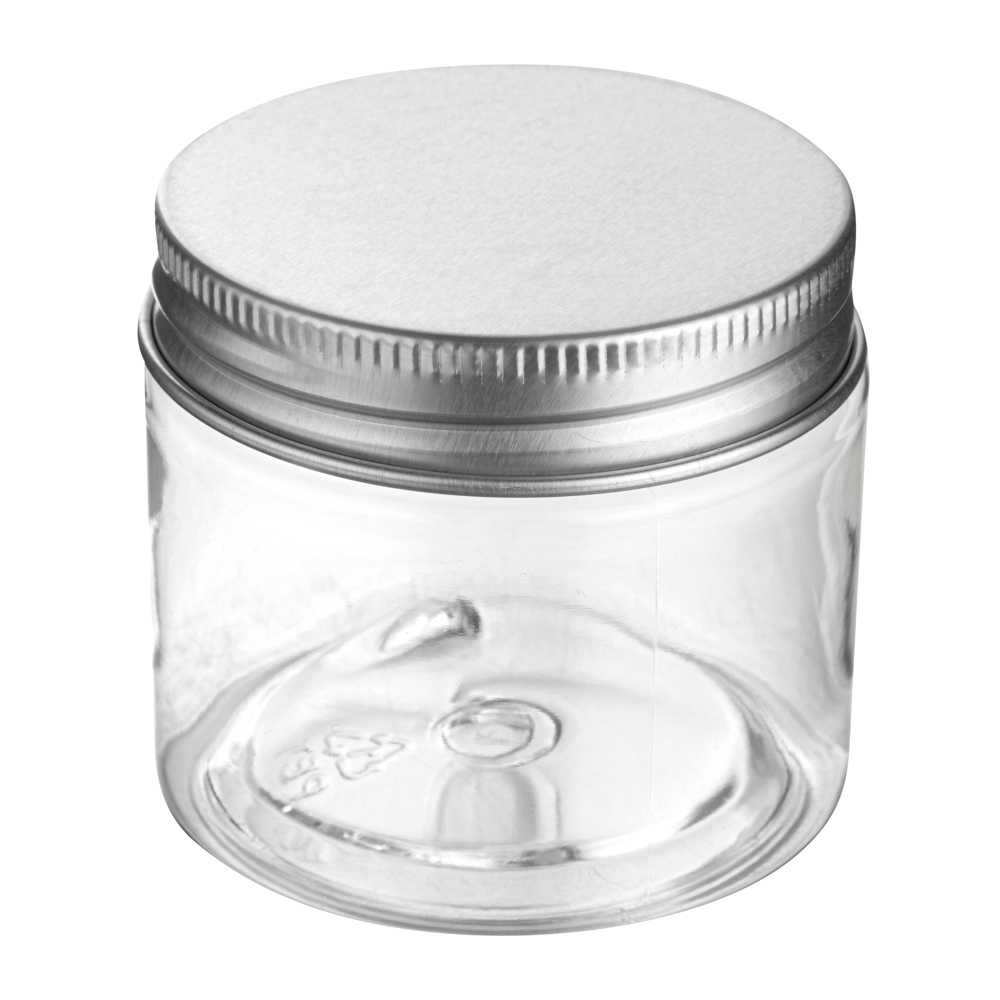 Chef 101 2 oz Round Clear Plastic Candy and Snack Jar - with Silver Aluminum Lid - 2" x 2" x 1 3/4" - 100 count box