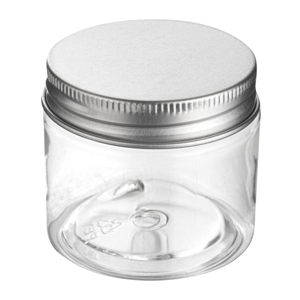 Chef 101 2 oz Round Clear Plastic Candy and Snack Jar - with Silver Aluminum Lid - 2" x 2" x 1 3/4" - 10 count box