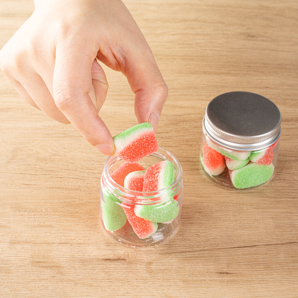 Chef 101 2 oz Round Clear Plastic Candy and Snack Jar - with Silver Aluminum Lid - 2" x 2" x 1 3/4" - 10 count box
