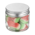 Chef 101 2 oz Round Clear Plastic Candy and Snack Jar - with Silver Aluminum Lid - 2" x 2" x 1 3/4" - 100 count box
