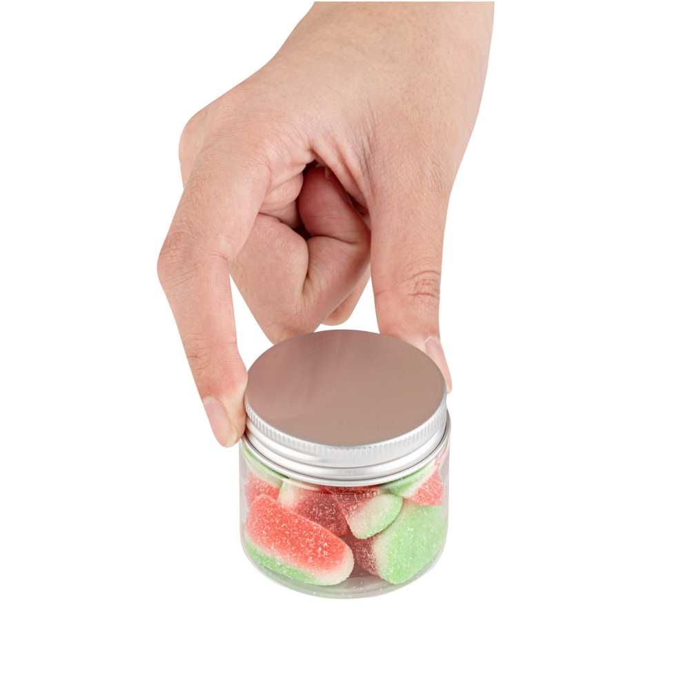 Chef 101 2 oz Round Clear Plastic Candy and Snack Jar - with Silver Aluminum Lid - 2" x 2" x 1 3/4" - 100 count box