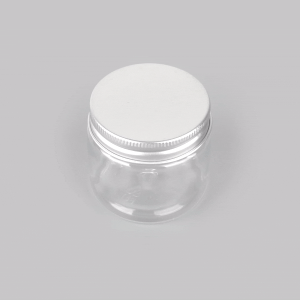 Chef 101 2 oz Round Clear Plastic Candy and Snack Jar - with Silver Aluminum Lid - 2" x 2" x 1 3/4" - 100 count box