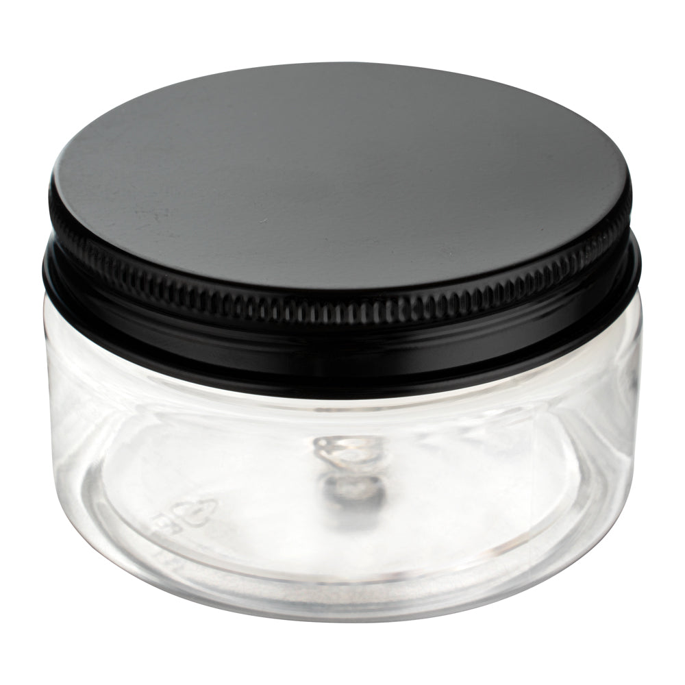 Chef 101 4 oz Round Clear Plastic Candy and Snack Jar - with Black Aluminum Lid - 2 3/4" x 2 3/4" x 1 1/2" - 10 count box