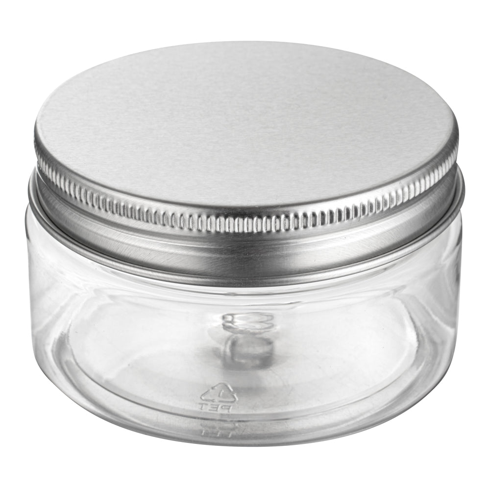 Chef 101 4 oz Round Clear Plastic Candy and Snack Jar - with Silver Aluminum Lid - 2 3/4" x 2 3/4" x 1 1/2" - 10 count box