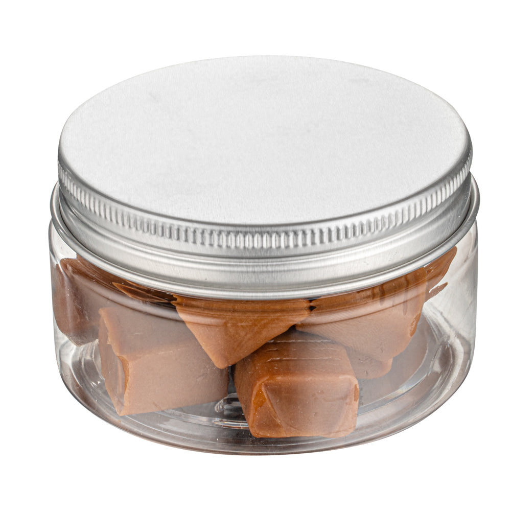 Chef 101 4 oz Round Clear Plastic Candy and Snack Jar - with Silver Aluminum Lid - 2 3/4" x 2 3/4" x 1 1/2" - 10 count box