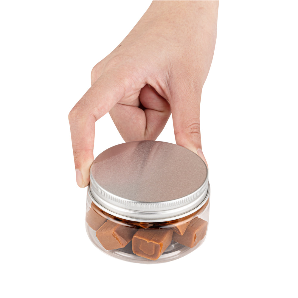 Chef 101 4 oz Round Clear Plastic Candy and Snack Jar - with Silver Aluminum Lid - 2 3/4" x 2 3/4" x 1 1/2" - 10 count box