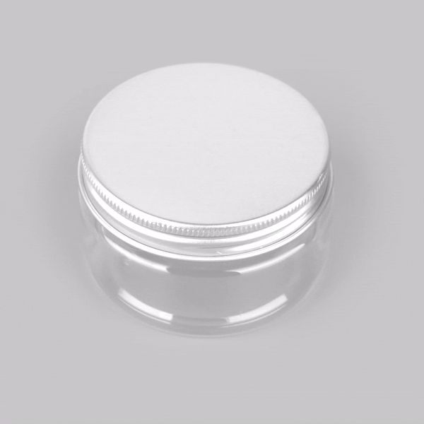 Chef 101 4 oz Round Clear Plastic Candy and Snack Jar - with Silver Aluminum Lid - 2 3/4" x 2 3/4" x 1 1/2" - 100 count box