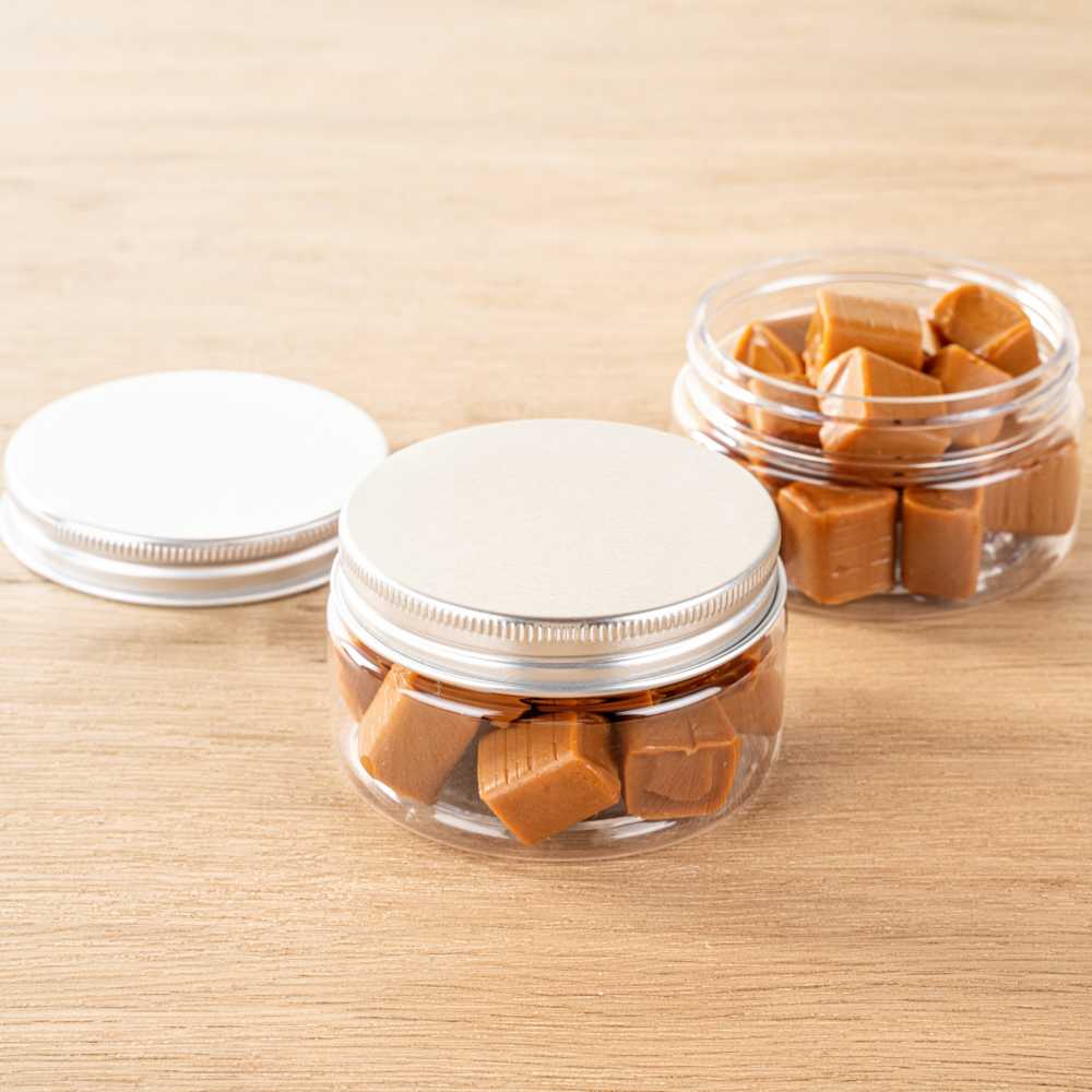 Chef 101 4 oz Round Clear Plastic Candy and Snack Jar - with Silver Aluminum Lid - 2 3/4" x 2 3/4" x 1 1/2" - 100 count box
