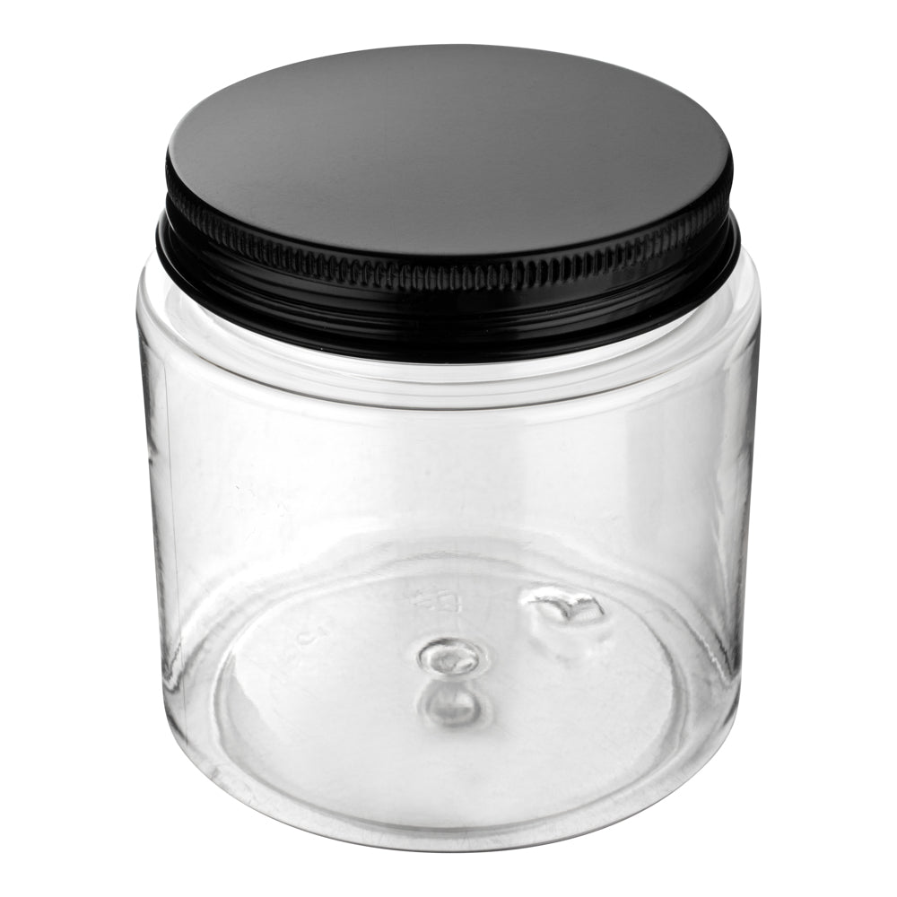 Chef 101 8 oz Round Clear Plastic Candy and Snack Jar - with Black Aluminum Lid - 3" x 3" x 3" - 10 count box