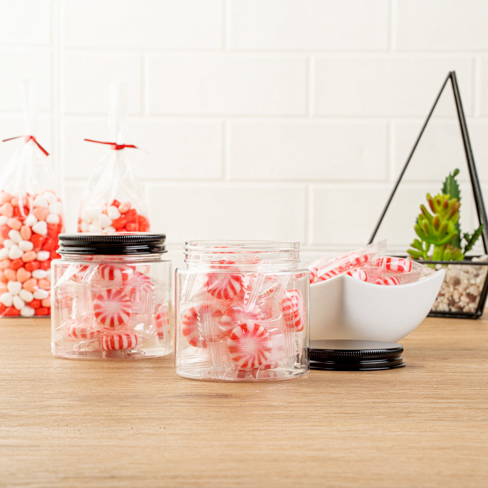 Chef 101 8 oz Round Clear Plastic Candy and Snack Jar - with Black Aluminum Lid - 3" x 3" x 3" - 10 count box