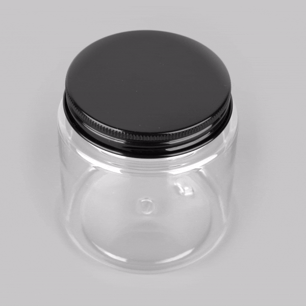 Chef 101 8 oz Round Clear Plastic Candy and Snack Jar - with Black Aluminum Lid - 3" x 3" x 3" - 10 count box