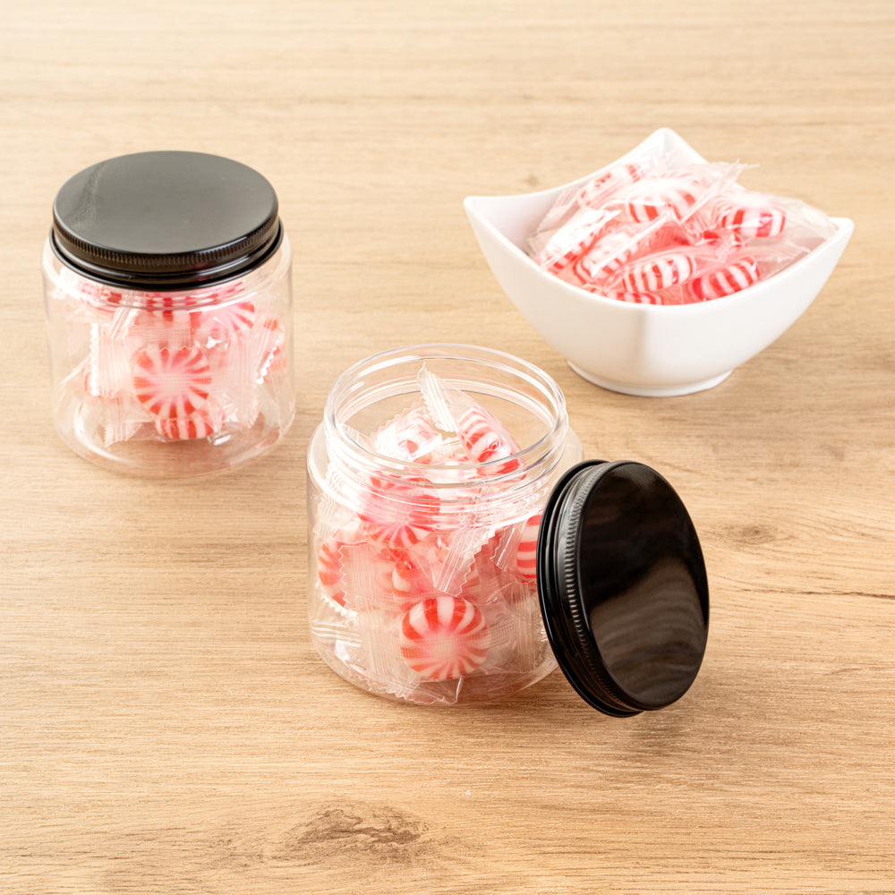 Chef 101 8 oz Round Clear Plastic Candy and Snack Jar - with Black Aluminum Lid - 3" x 3" x 3" - 10 count box