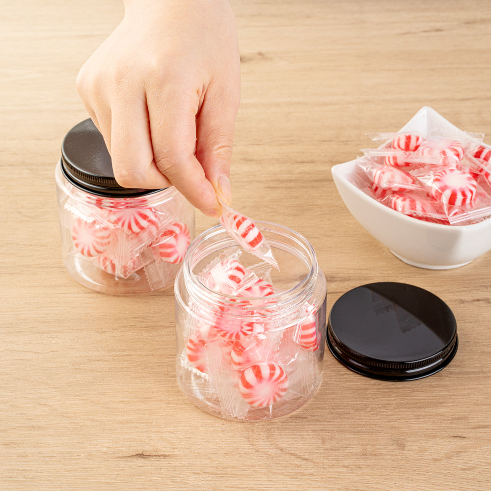Chef 101 8 oz Round Clear Plastic Candy and Snack Jar - with Black Aluminum Lid - 3" x 3" x 3" - 10 count box