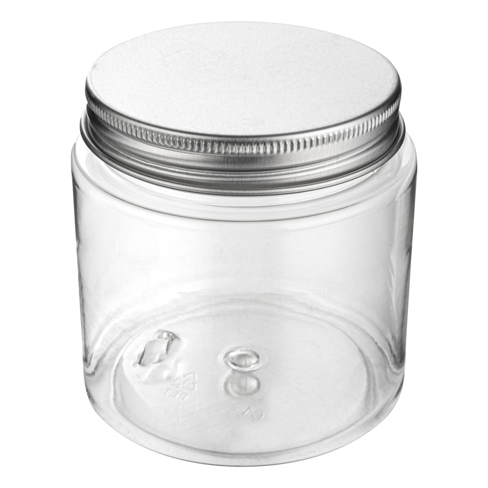 Chef 101 8 oz Round Clear Plastic Candy and Snack Jar - with Silver Aluminum Lid - 3" x 3" x 3" - 10 count box
