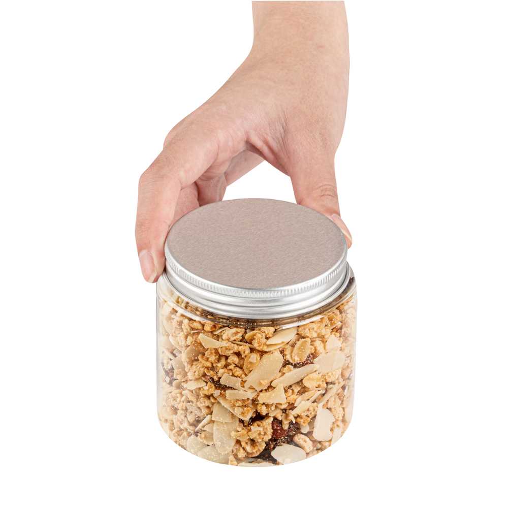 Chef 101 8 oz Round Clear Plastic Candy and Snack Jar - with Silver Aluminum Lid - 3" x 3" x 3" - 100 count box