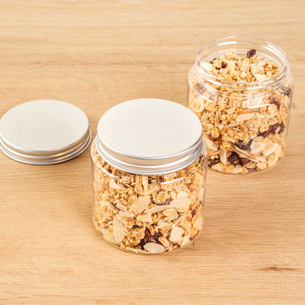 Chef 101 8 oz Round Clear Plastic Candy and Snack Jar - with Silver Aluminum Lid - 3" x 3" x 3" - 100 count box