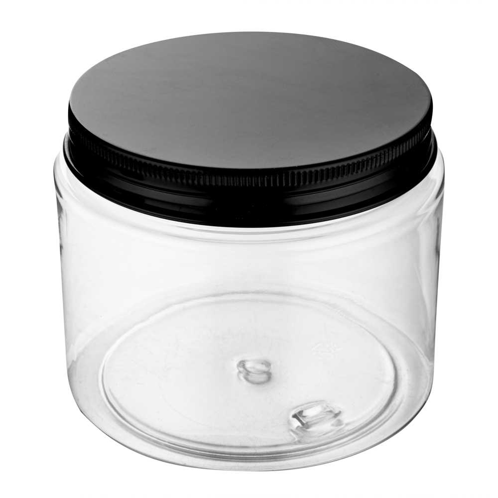 Chef 101 16 oz Round Clear Plastic Candy and Snack Jar - with Black Aluminum Lid - 3 3/4" x 3 3/4" x 3" - 100 count box